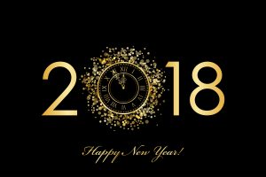 2018 Happy New Year background with gold clock on black