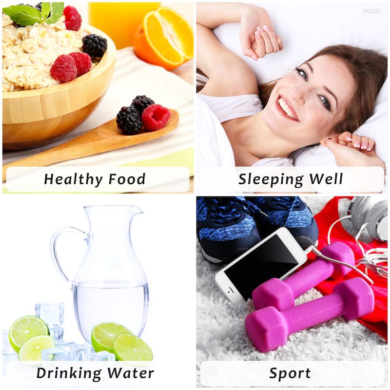 Collection of healthy lifestyle icons: healthy food, sleep, water, sport.